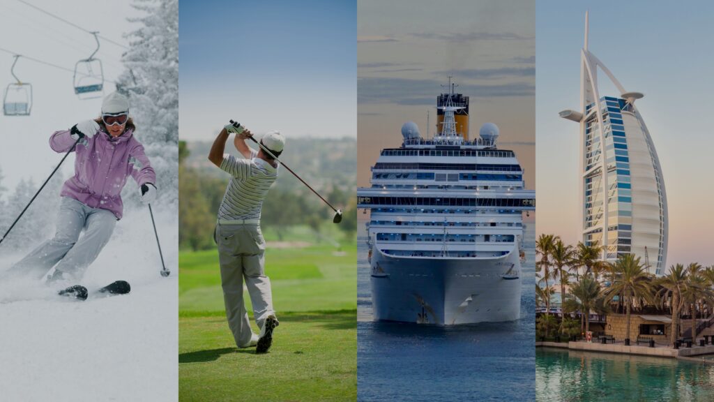 Skiing, golf, cruise, and city travel representing GoTripHero luggage shipping services